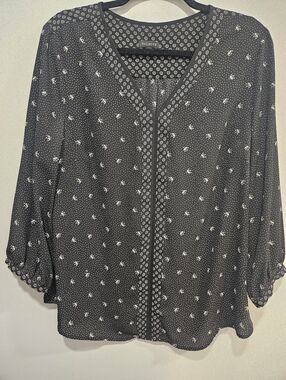 Talbots Black White Floral Blouse Women’s Large 3/4 Sleeve Lightweight Top
